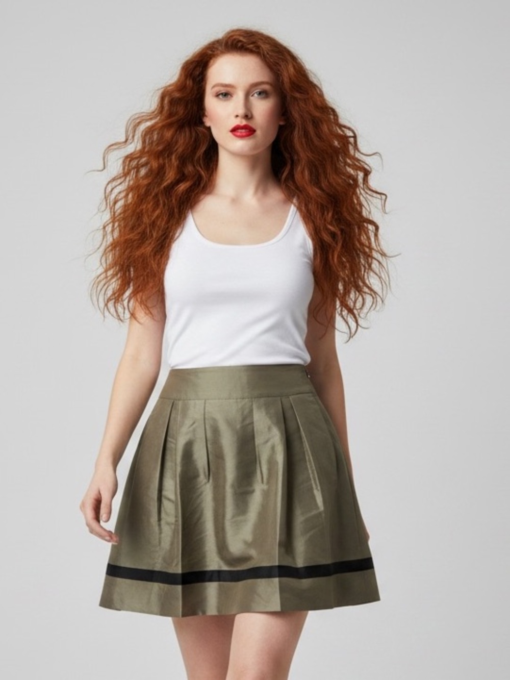 Kensie Olive Green Pleated Silk Taffeta Mini Skirt Black Stripe Detail Size 6